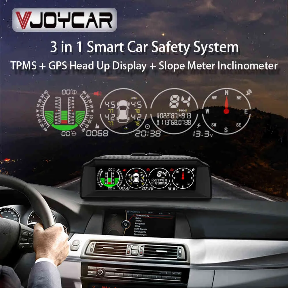 Vjoycar s11 2021 Nyaste 3in1 GPS HUD-däck TPMS inklinometer för alla fordon Speed ​​Slope Meter bil hastighetsmätare kompass klocka