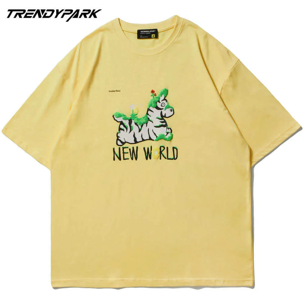 Men's T-shirt Short Sleeve Cute Zebra Foaming Printing Hip Hop Oversize Cotton Summer Casual Harajuku Streetwear Top Tee Tshirts 210601