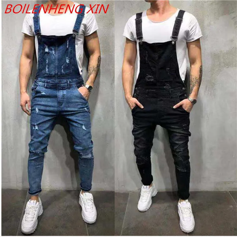 Primavera colore puro stile britannico tuta da strada pantaloni bretella abiti da lavoro uomo strappato gallus bretella matita jeans X0621