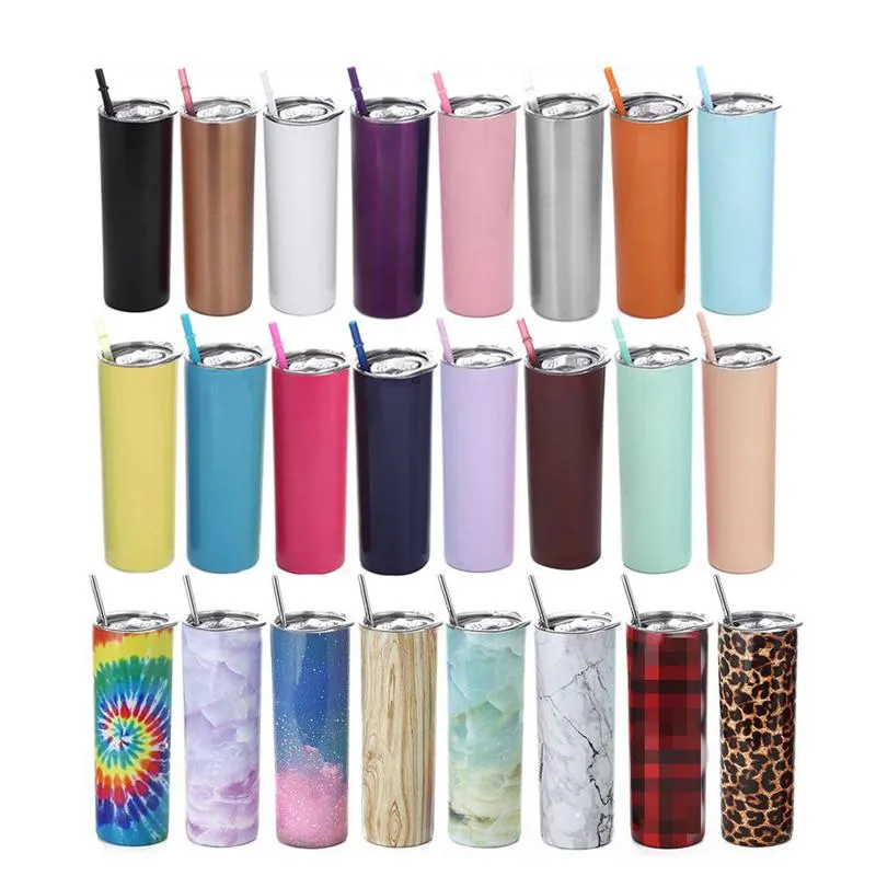 20oz Rvs Skinny Tumbler Deksel Straw Koffie Wijn Mokken Draagbaar Dubbelwand Vacuüm Geïsoleerd Water