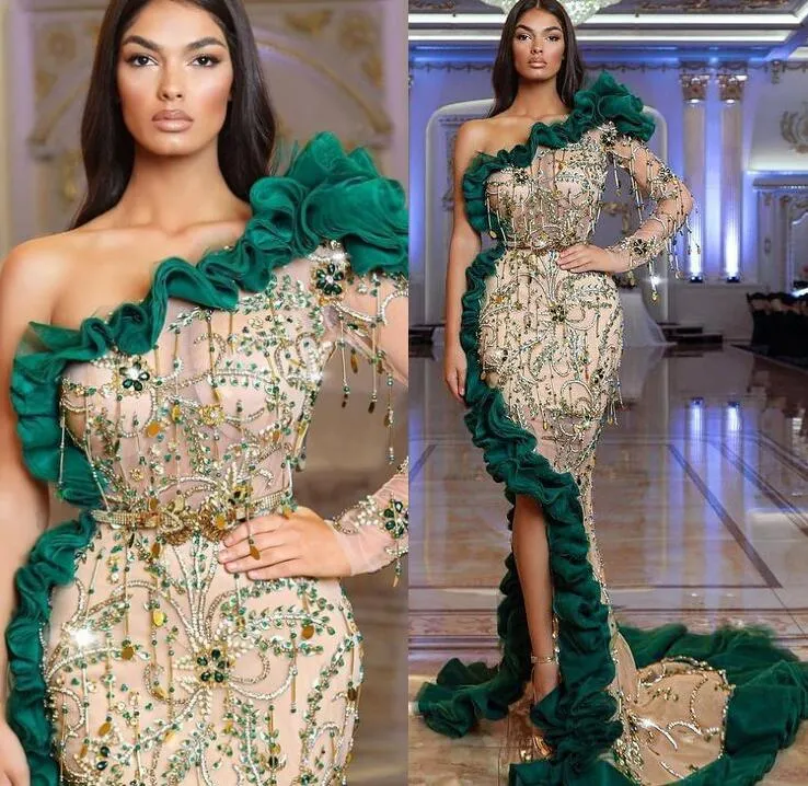 2022 Plus Size Arabo Aso Aso EBI Luxurious Sirena Sexy Prom Dresses Beaded Crystals One Spalla Serale Partito formale Seconda Reception Abiti Abiti ZJ565