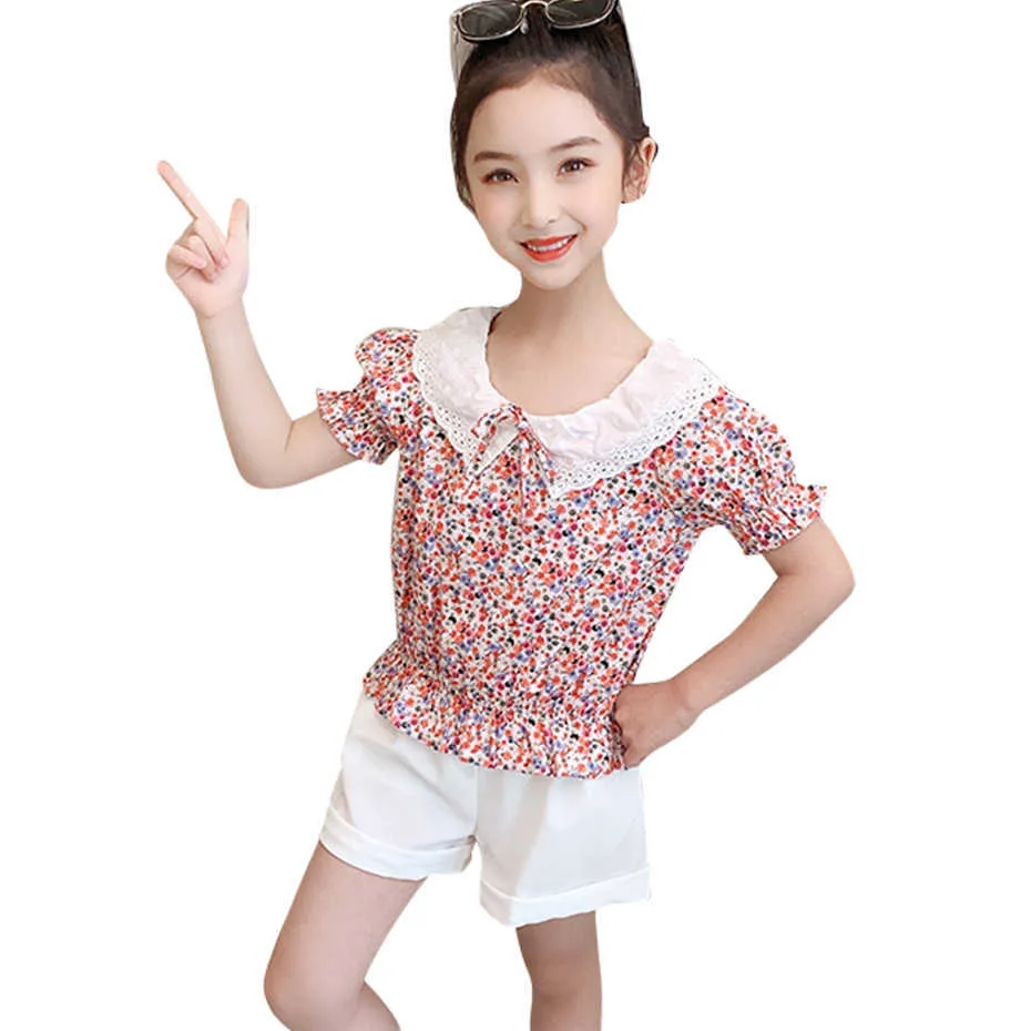 Teen Girls Clothing Floral Tshirt + Short Costume For Patchwork Girl Set Casual Tracksuits Children 210528