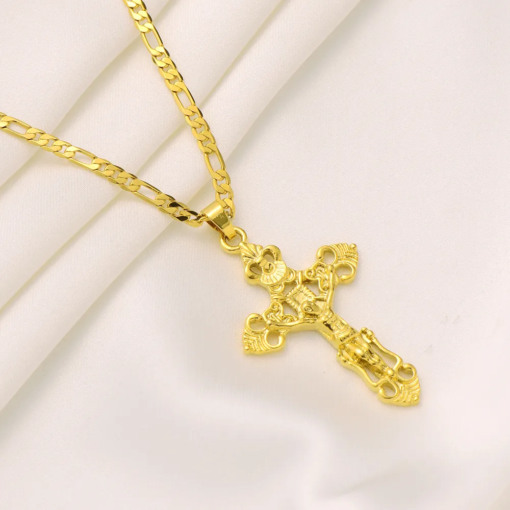 Pendentif croix pour hommes et femmes, jaune 22 carats, finition en or fin massif, Jésus Crucifix, large chaîne à maillons Figaro italien, 24 pouces, 3mm