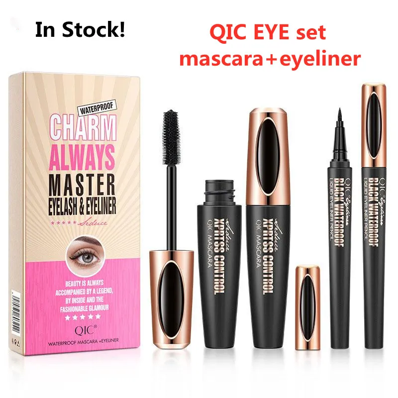 QIC líquido delineador de ojos con kit de rímel de pincel de pestañas Maquillaje negro impermeable 4D Fibra de seda pestañas Mascara Eyeliner pluma pestañas gruesas volumen