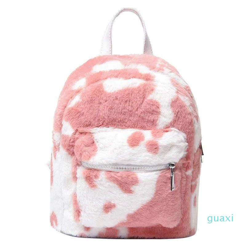 Mochila vaca impressão peludo saco mochila bolso fuzzy mini saco fille ombro rugzak meisje mulher