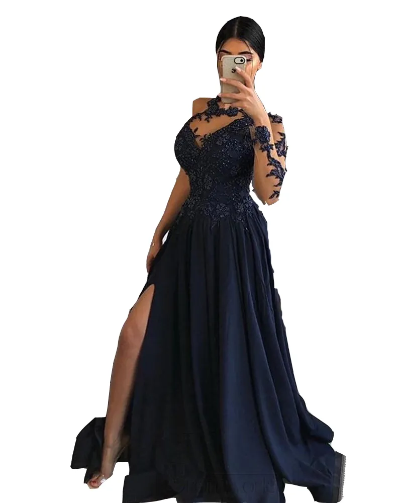 2022 Dark Navy Blue Prom Dresses Wear One Shoulder Long Sleeves Lace Appliques Crystal Beads High Side Split Evening Gowns Sweep Train Plus Size