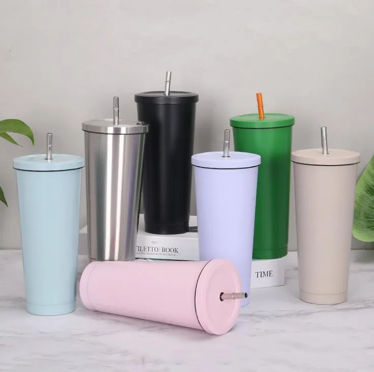 750 ml Paslanmaz Çelik Kahve Fincanı Büyük Kapasiteli Saman Kupası Yalıtımlı Fincan Su Şişesi Şarap Tumblers Kupalar 7 Tasarımlar SN5217