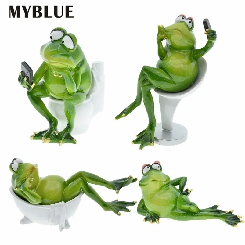 MyBlue Kawaii人工動物樹脂カエル快適なライフ置物ホームルーム装飾アクセサリーモダンクラフト210811