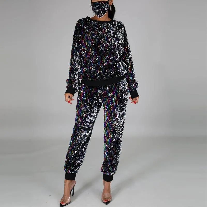Kvinnors tvåbit byxor Spring Plus Storlek S-5XL Kläder för kvinnor Set Sequins Födelsedag Outfit Joggers Tracksuit Wholesale Drop 2021