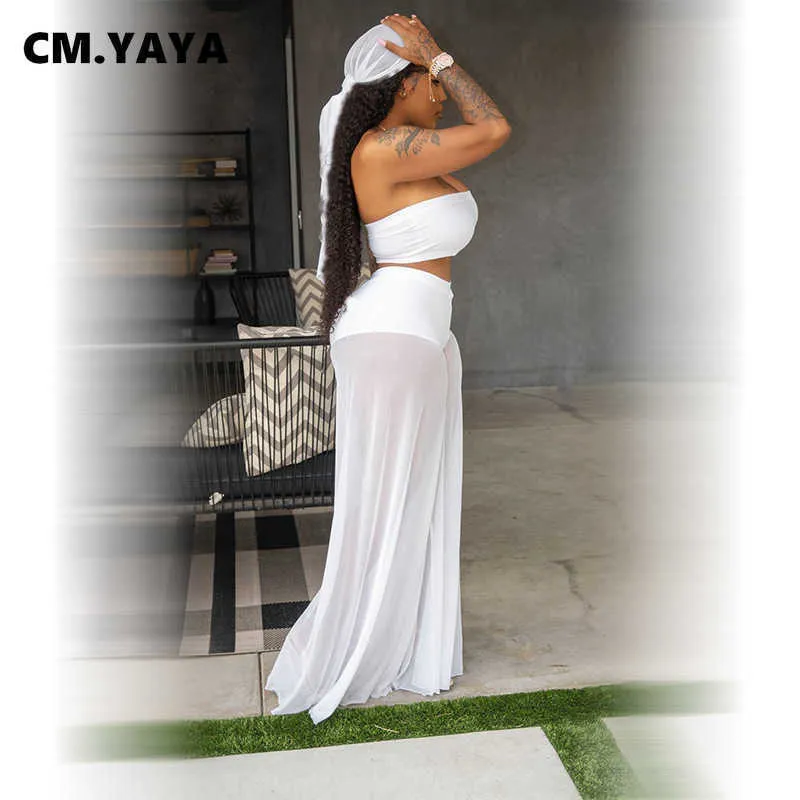 CM.YAYA Set da donna in maglia trasparente trasparente senza maniche senza spalline crop top pantaloni lunghi dritti 2 set da due pezzi vestito sexy estate Y0625