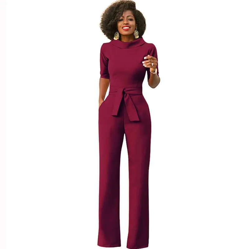 Dames Jumpsuits Rompertjes Jumps Elegant Office Work Wear Business Formele 2021 Vrouwen Half Mouw Zakken Wide Beenbroek Romper Mode Over