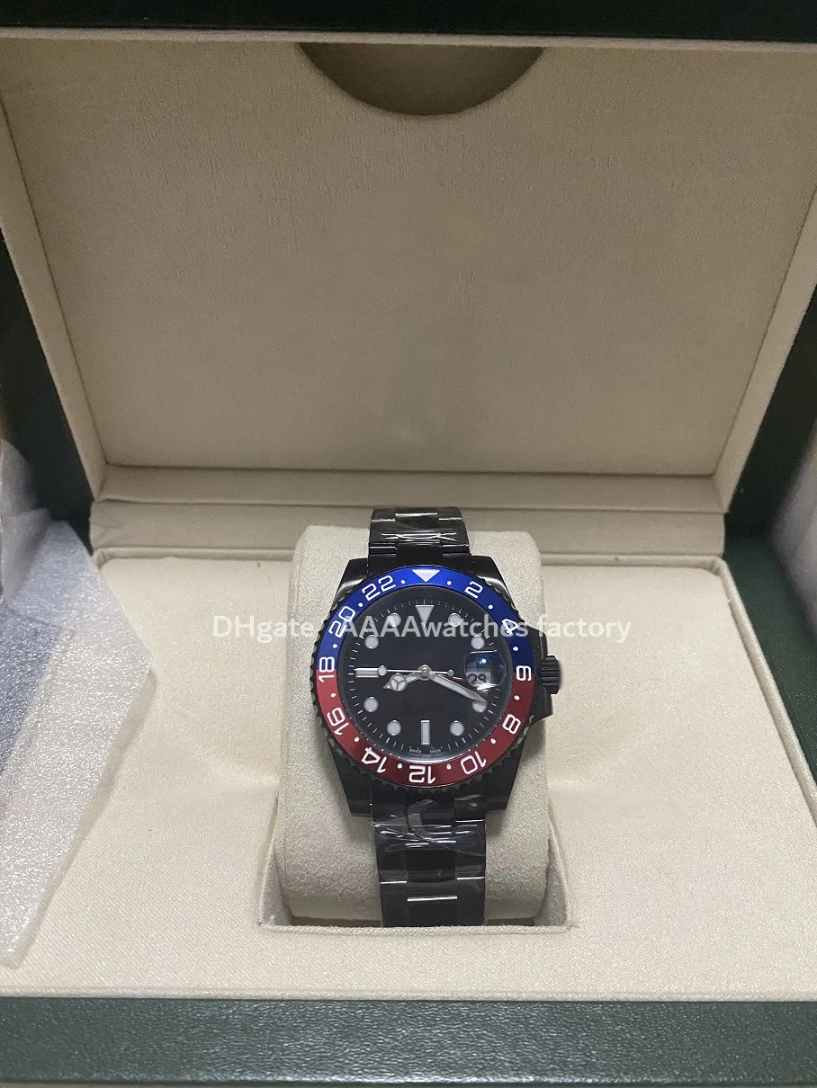 Nowa pełna czarna powłoka GMT podwójne automatyczne zegarki mechaniczne luksusowe zegarki Mężczyźni Noctilucent Wskaźnik Ceramiczny Rotacja 40 mm Role ROCE AUTOMATICS