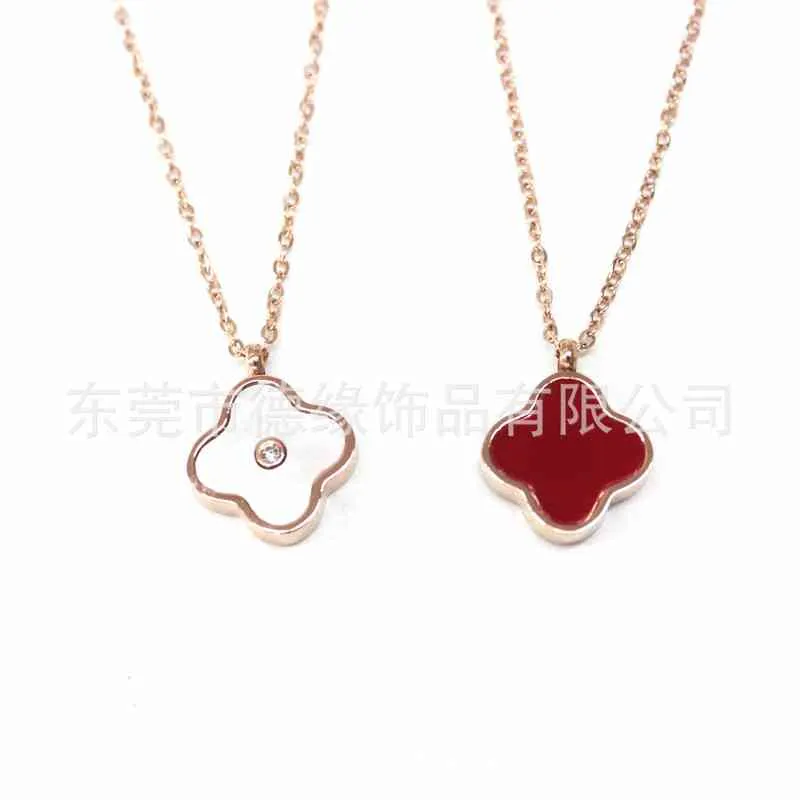 a Two Wearing Versatile Double-sided Classic Clover Necklace Rose Gold Simple Titanium Steel Clavicle Chain Real Diamond Pendant