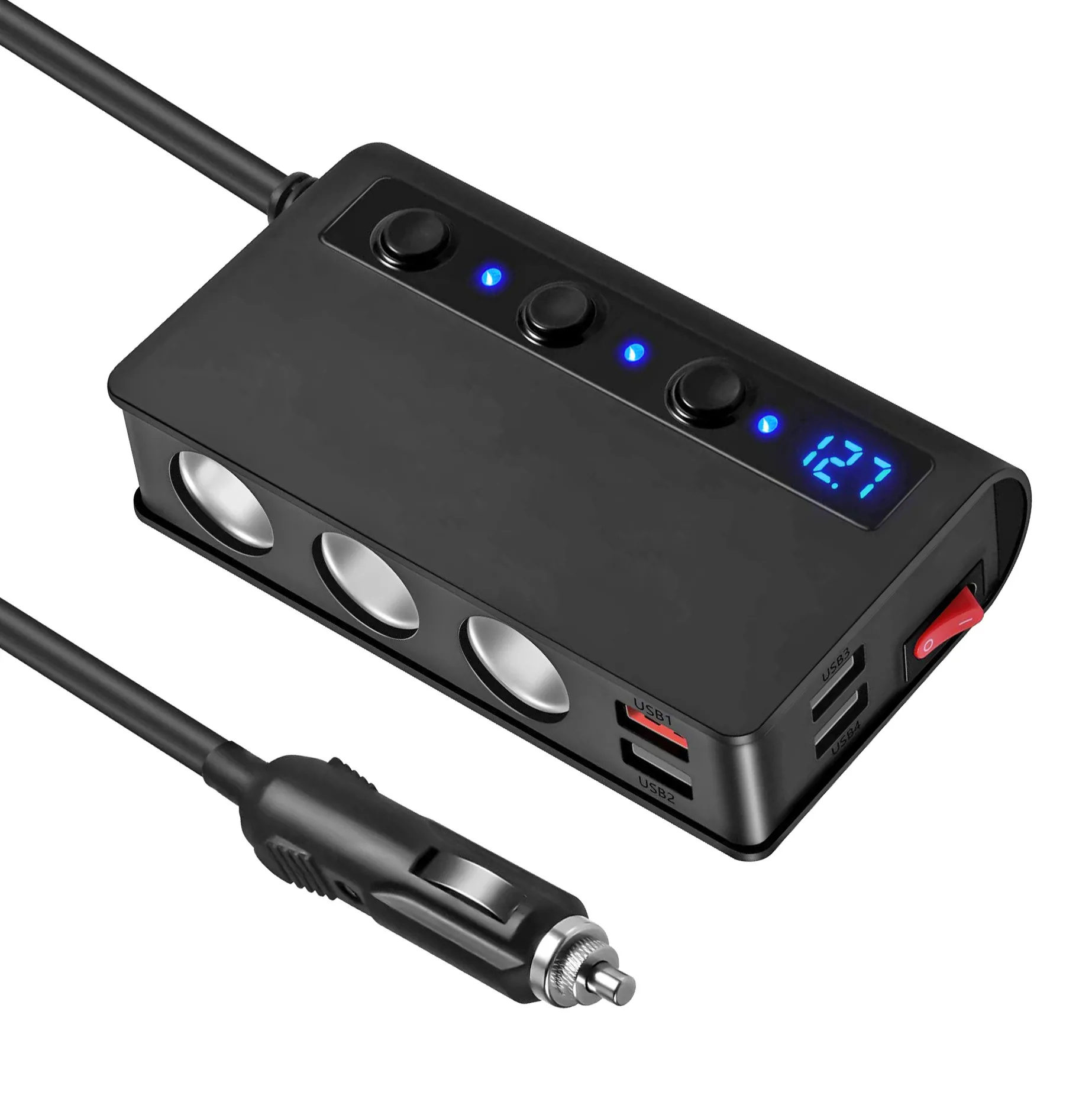 TR24 Cars Charger Quick Charge 3.0 Cigarette Lighter Splitter 12V/24V 3-Socket 180W ON-OFF DC Power Car Splitter with 4-Port USB