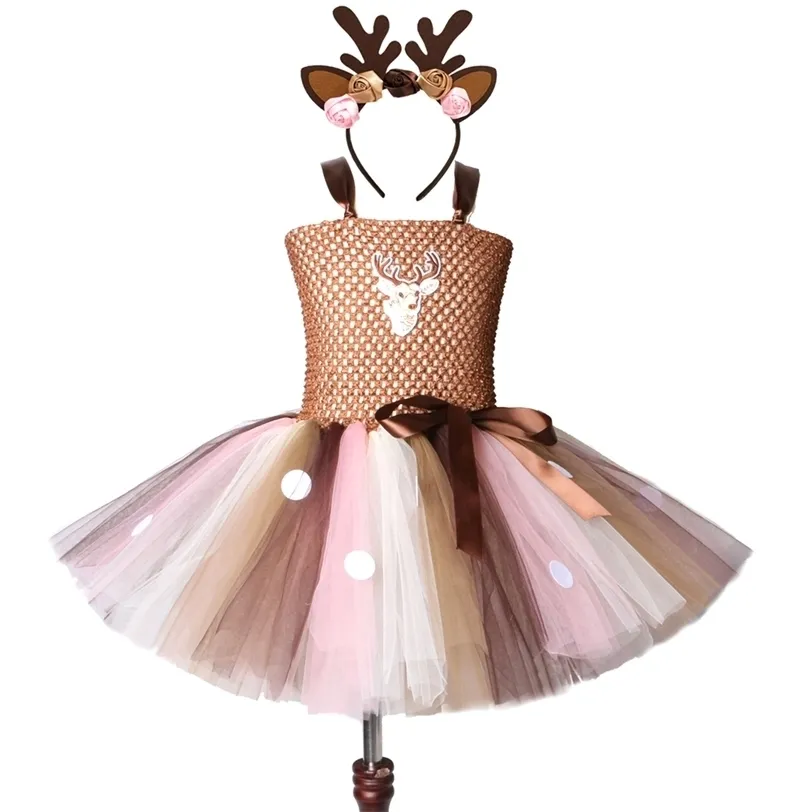 Brown Deer Tutu Dress for Girls Christmas Halloween Costume Kids Reindeer Princess Dresses Knee-length Xmas Children's Clothes 220309