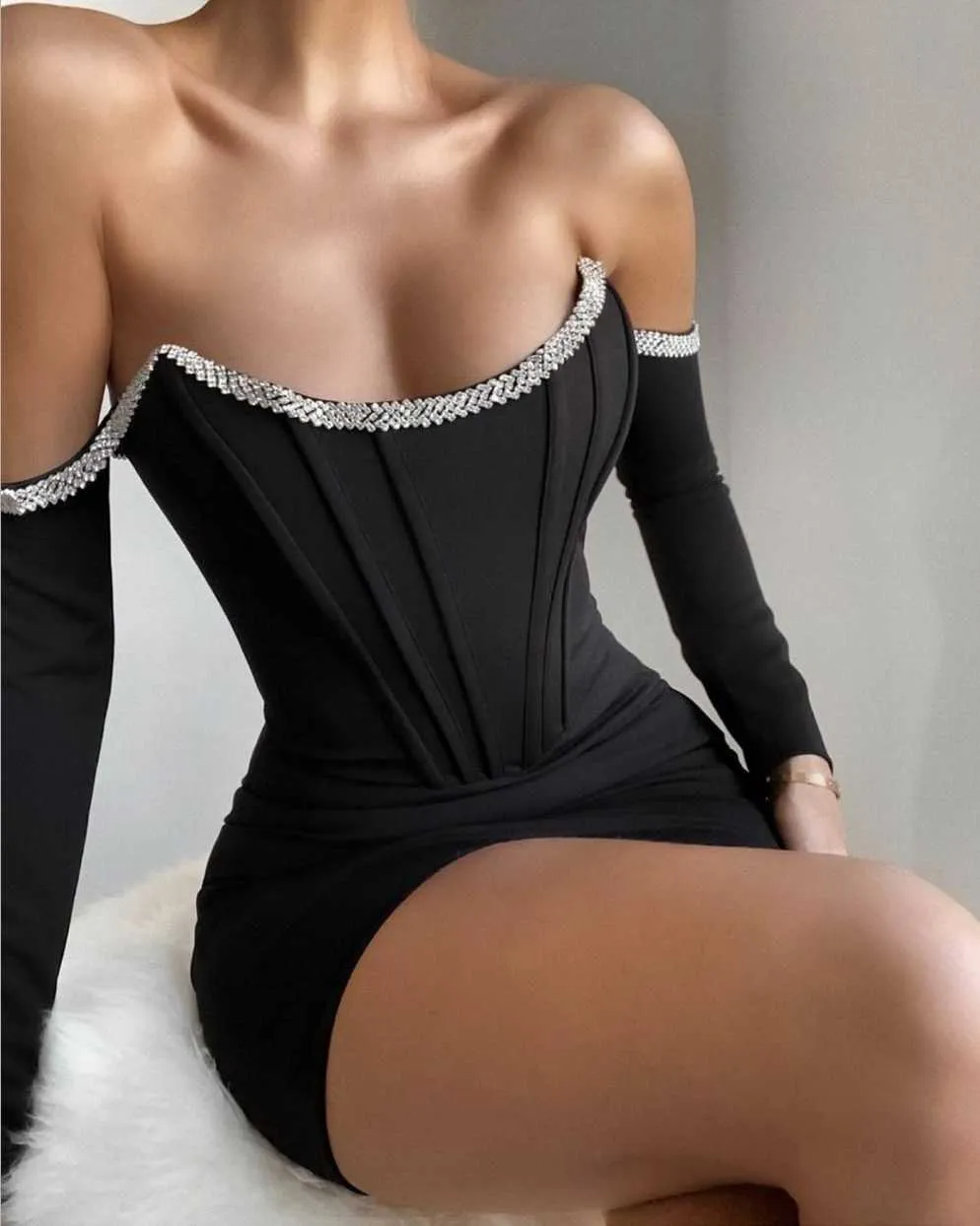 Women Sexy Designer Sparkly Black Bandage Dress Winter Ladies Elegant Off the Shoulder Bodycon Party Vestido 210527