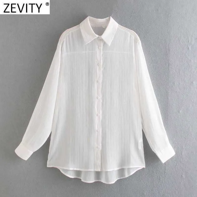 Zeveity Женская мода металлическая полосатая печать прозрачный Smock блузка офис дамы сексуальные деловые рубашки шикарный Blusas Tops LS7562 210603