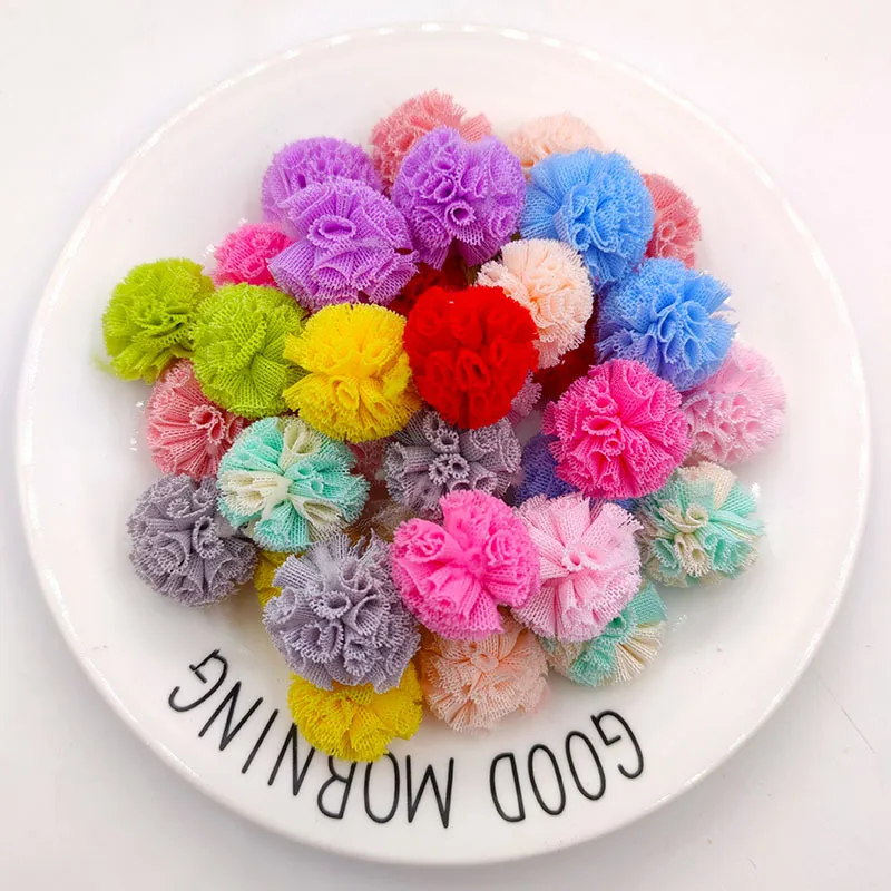 10st / mycket 25mm / 1inch Färgrik spetsboll DIY Gaze Elastic Flower Pompoms Craft Mesh Hängsmycke Huvudbonader Hårstolar Hårklipp Smycken Tillbehör JY1112