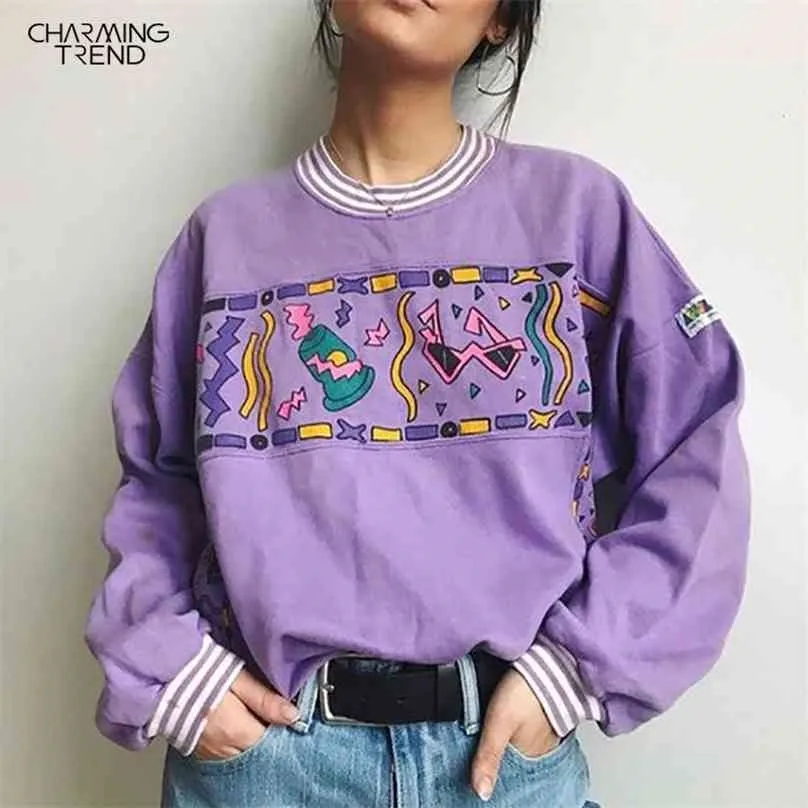 Women Hoodies Purple Autumn Round Neck Young Girls Female Printed Clothes Loose Cute Pullover Sweatershirts Oversize 210803