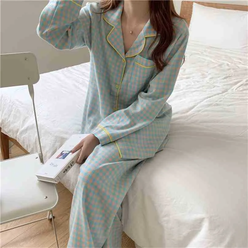 Pigiami da notte Gentle Plaid Two Piece Suit Warm Cotton Homewear Soft Casual Loose Fashion maniche lunghe Pigiama Set 210525