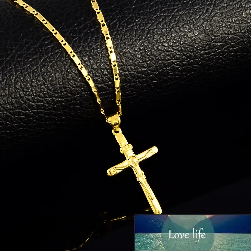 Wysokiej Jakości Pure Gold Color Cross Charm Wisiorek Naszyjniki Dla Kobiet Mężczyźni 24K Żółte Złoto Wypełnione Naszyjniki Biżuteria ślubna