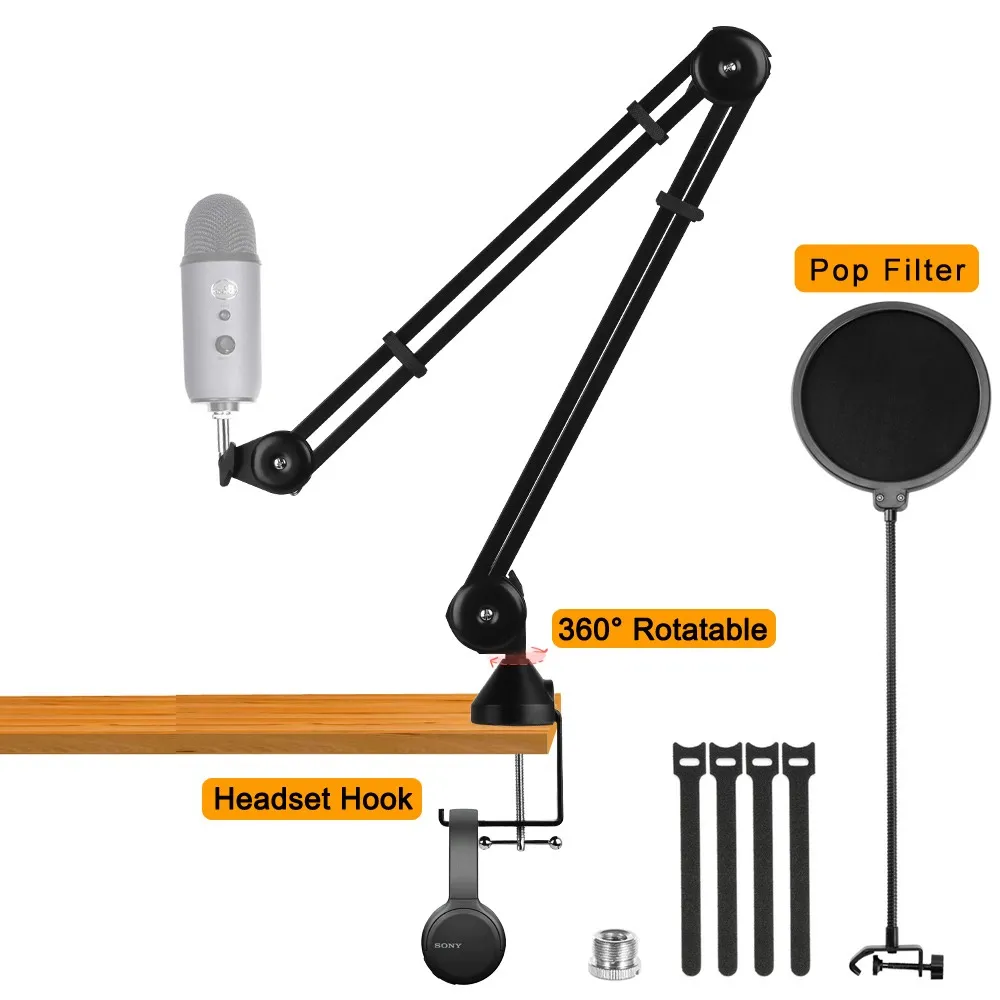 Microphone Arm Stand Desk Adjustable Suspension Boom Scissor Mic Arm Upgraded Heavy Duty with Pop Filter For Blue Yeti
