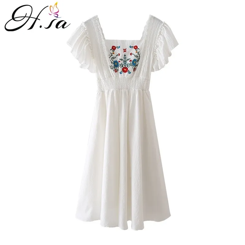 Hsa Summer Long Dress for Women Short Batwing Sleeve High Waist White Pleated Vestidos Holiday Robe Boho Floral Embroidery 210716