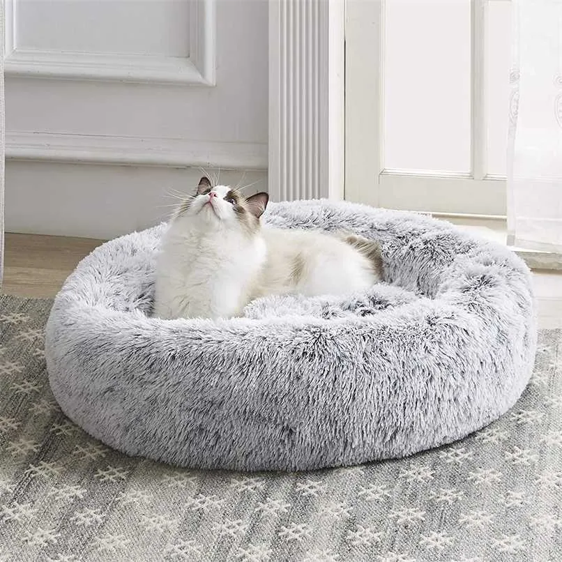 Calming Cat Bed Soft Round Dog Beds Anti-Anxiety Donut Cuddler House Warming Cozy Fluffy Plush Fleece 2101006