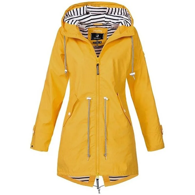 Giacche da donna Donna Primavera Autunno Stormsuit Impermeabile per esterno Cappuccio a righe Campeggio Trekking Softshell Stringere il cappotto lungo in vita