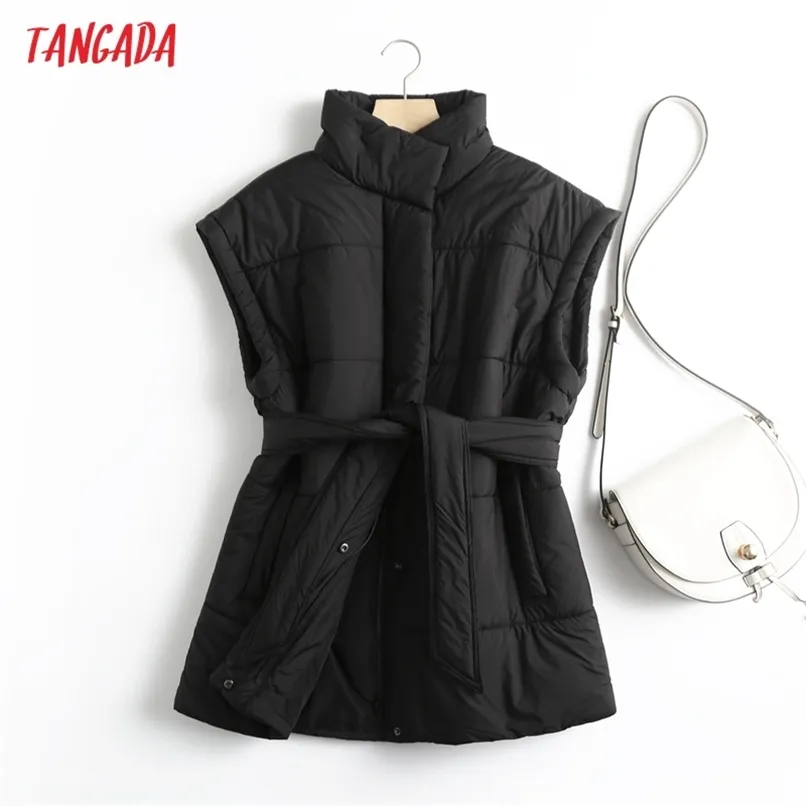 Tangada Kobiety Czarny Oversize Bez Rękawów Parkas z Slash Winter Kieszenie Kobieta Ciepła Elegancka Kurtka 6D117 211130