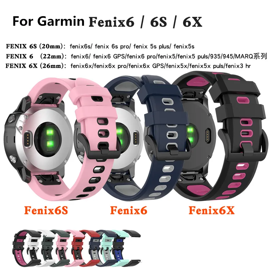 20 22 26mm Paski Watchband Sport Dual Color Bands Silikonowe Szybkie dopasowanie Metalowa Klamra do Garmin Fenix ​​5 5x Plus 6 6x Pro Descent MK1 Marq