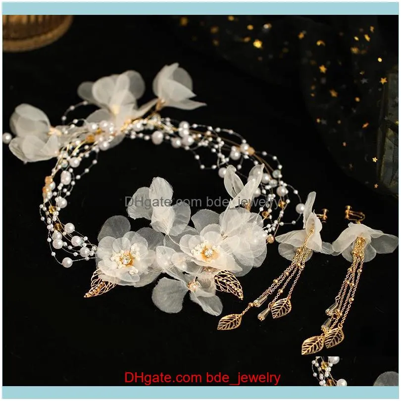 Hair Jewelryhair Clips & Barrettes Ribbon Flower Headbands Gold Pearl Hairbands Wedding Aessories Tassel Earrings For Women Jewelry Head Vin