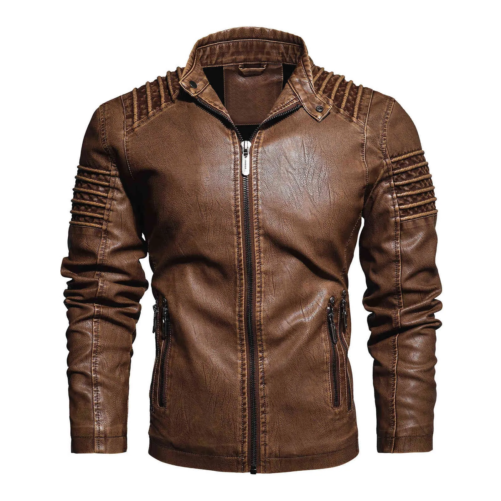 革の男性の秋と冬のオートバイのジャケット厚いカジュアルとシックなメンズPUレザージャケットスリムハンサム211009