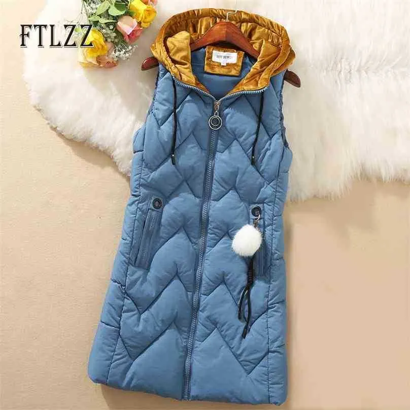 Women Sleeveless Waistcoat Mujer Slim Medium Long Plus Size Blue Vest Female Patchwork Velvet Hooded Warm Outerwear 210525