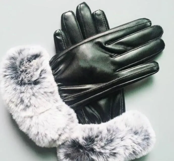 European and American designer brand windproof leather gloves lady touch screen rabbit fur mouth winter heat preservation wind style 5697