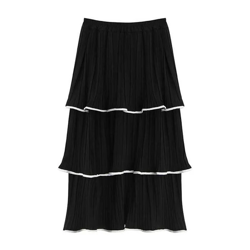 PERHAPS U Black Pink Solid Cascading Ruffle Midi Skirt Casual Empire Ruched Cake Skirt Summer S0233 210529