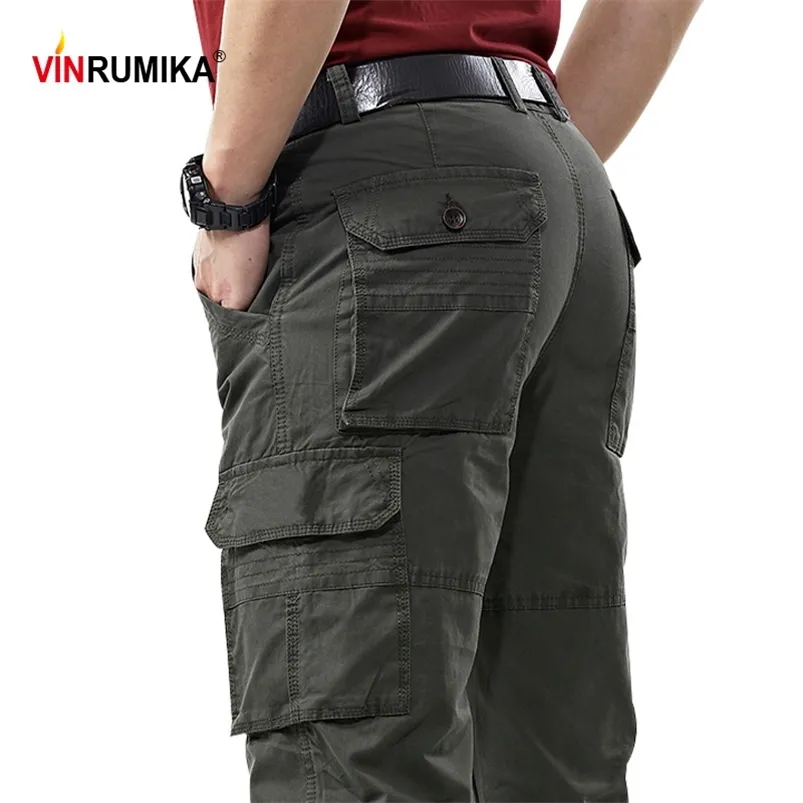 Homens de verão Alta Qualidade 100% Algodão Exército Multi-Pocket Multi-bolso Macacão Pant Homem Primavera Outono Casual Caqui Caqueira Calças Longas 210715