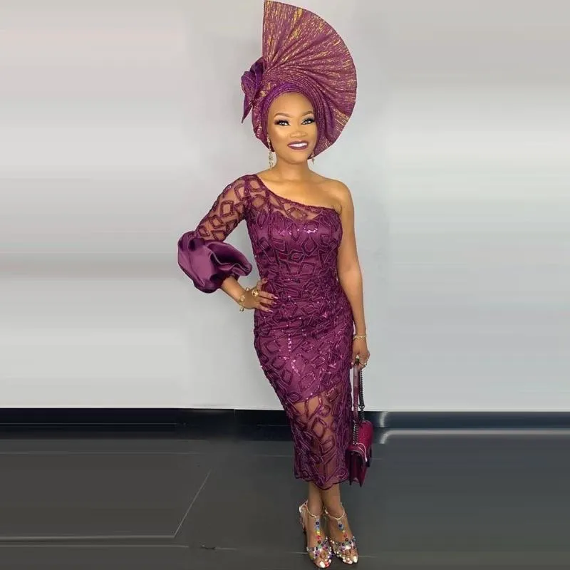 Feestjurken Collectie Aso Ebi Prom Purple One Shoulder Lange Mouw Thee Lengte Afrikaanse Gala Evenemententoga's