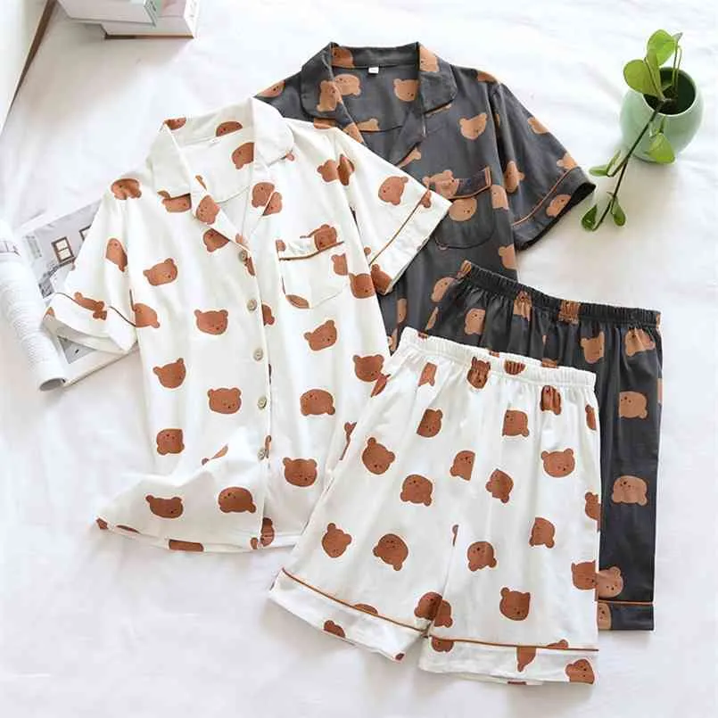 summer couple 100% cotton pajamas two-piece thin short-sleeved shorts ladies knitted cartoon bear men's home service set 210809