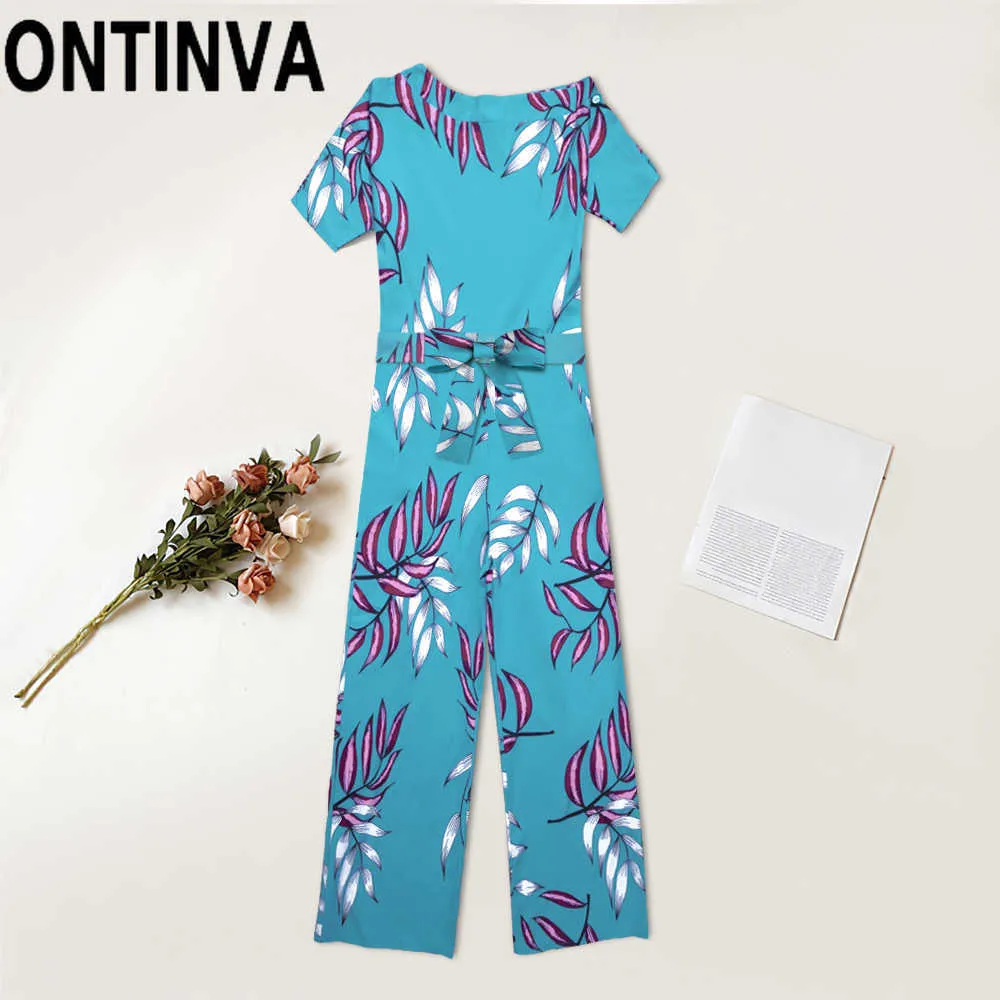 Women Sexy One Bare Shoulder Jumpsuits Green Print Boho Beach Vacation Holiday Long Loose Casual Overalls with Sashes Rompers 210527