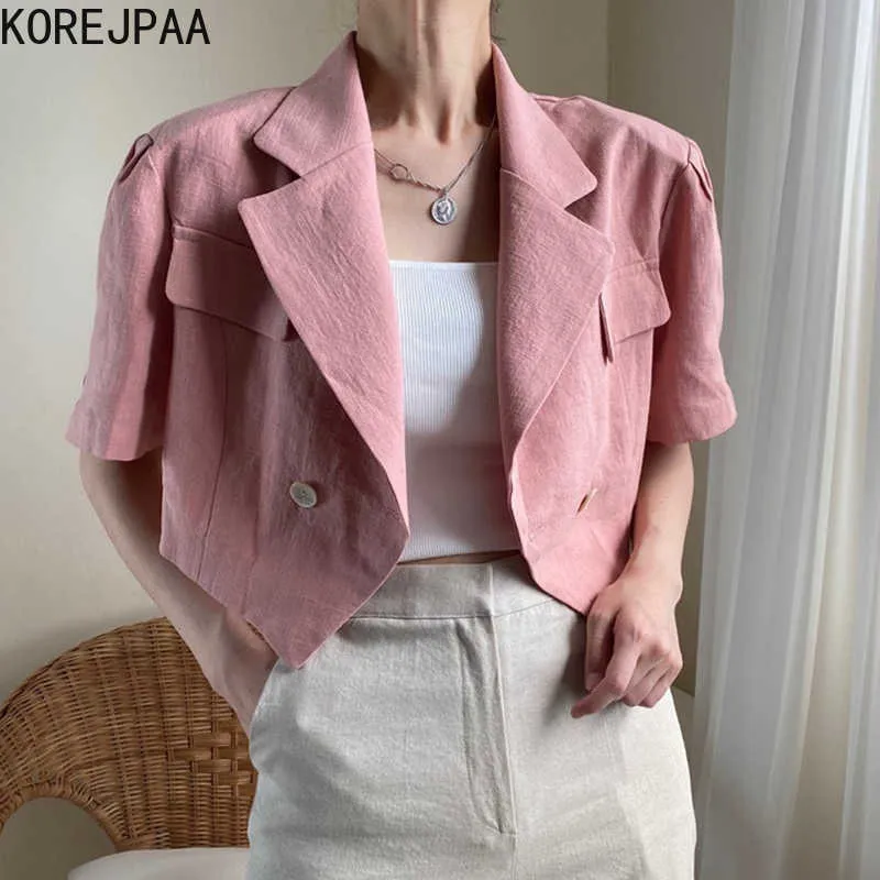 Korejpaa Giacca da donna Estate Coreano Chic Ladies Temperamento Versatile Colletto da abito Design a due bottoni Cappotto corto casual allentato 210526