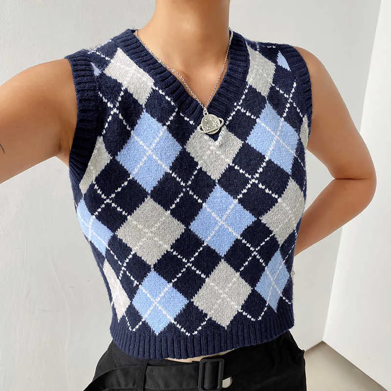 Vintage Argyle Sweater Vest For Women Y2K Black Sleeveless