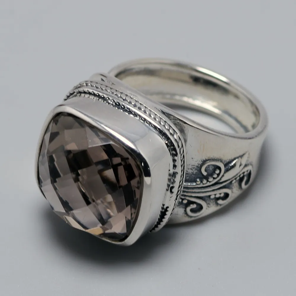 정통 실버 링 925 연기가 자욱한 석영 패싯 타원형 여자 천연 돌 Resizable Fine Jewelry Bague Femme