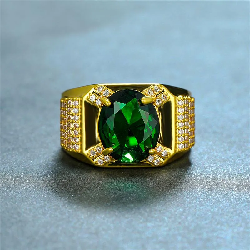 Wedding Rings Gorgeous Female Male Crystal Green Stone Ring Luxury 18KT Yellow Gold Big Oval Engagement For Men Women