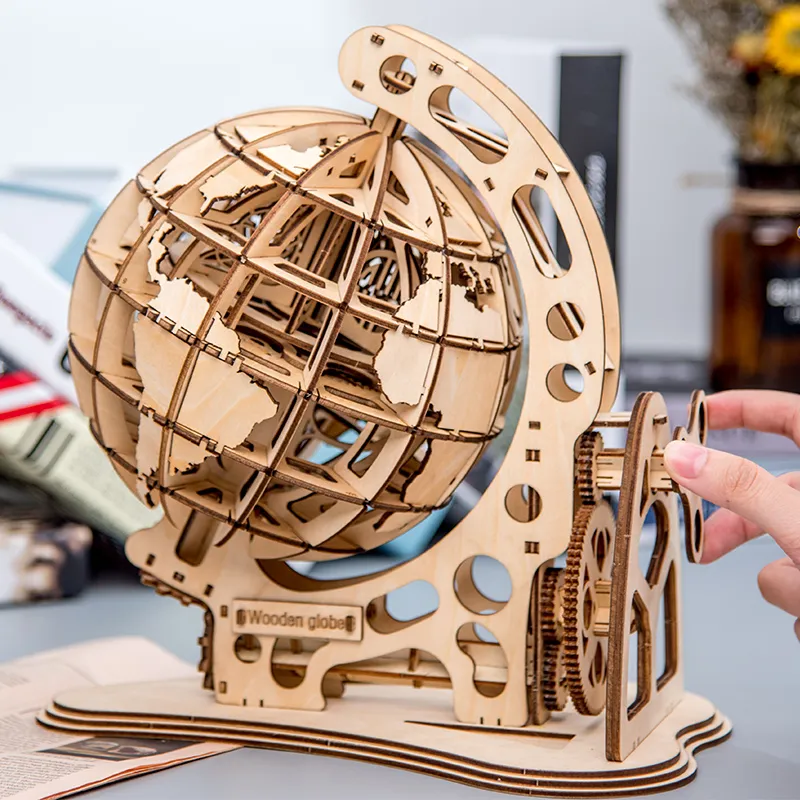 Wooden Globe Puzzle 3D DIY Mechanical Drive Model Transmission Gear Rotate  Assembling Puzzles Home Office Decoration Toys Adults