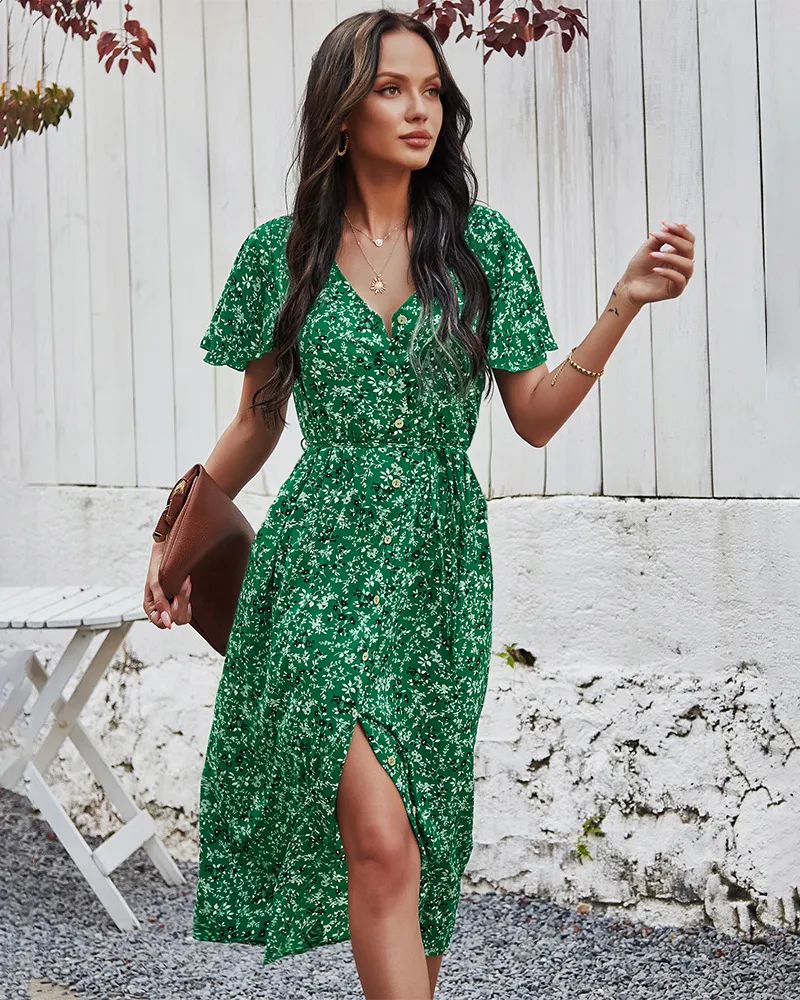MU03 Floral Print Maxi Dress for Women Slim Fit High Waist Button Closure Bohemian Style Vestidos for Ladies