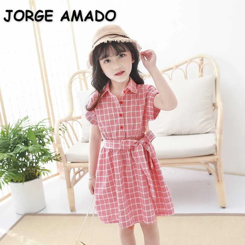 夏の子供の女の子のドレスピンクの格子縞の半袖カジュアルな甘いスタイルの衣装子供服E303 210610