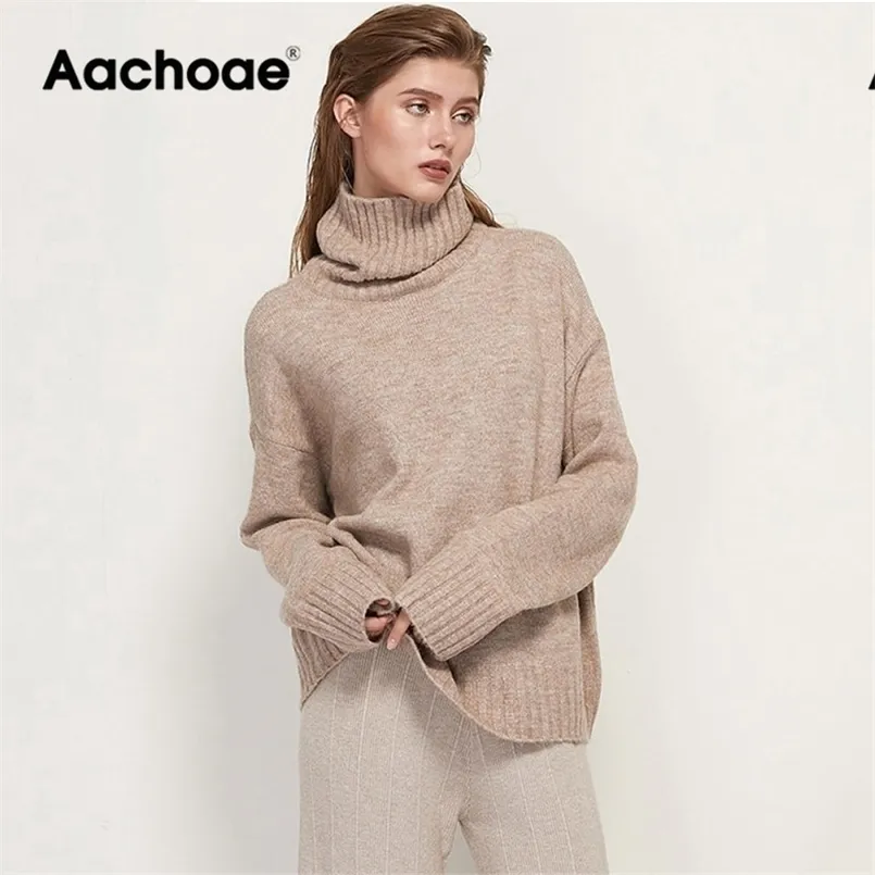 Aachoae Autumn Winter Women Knitted Turtleneck Cashmere Sweater Casual Basic Pullover Jumper Batwing Long Sleeve Loose Tops 210917