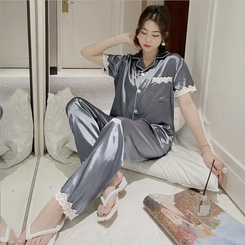 2021 мягкая пижама для женщины лето кружева шелковые женщины две части пижама наборы с короткими рукавами с короткими рукавами с короткими рукавами сплошные милые пижамы сатинированные сатин X0526