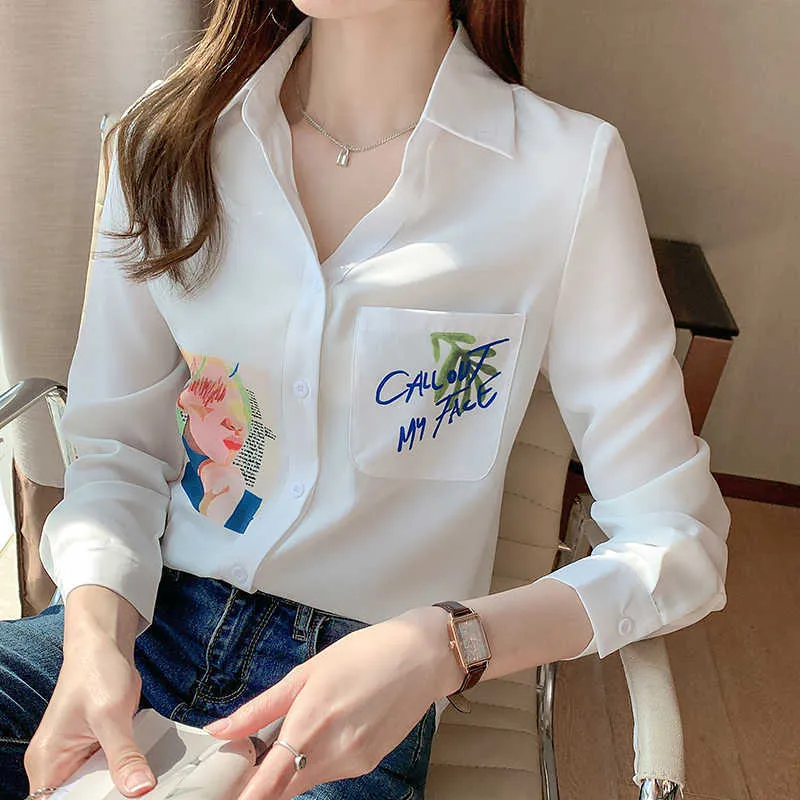 Women White OL Chiffon Shirts Blouses Print Pockets Blouse Tops Button Neck Long Sleeve Chic Office Wear Woman Blusa Spring 210604